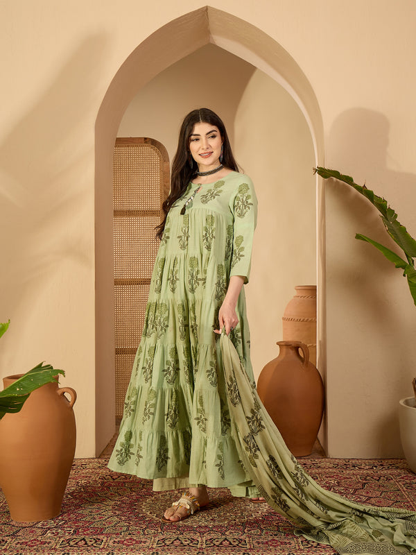 Kimayra Cotton Calf Length Printed 3/4 Sleeve Key Hole Neck Anarkali Kurta Suit Set