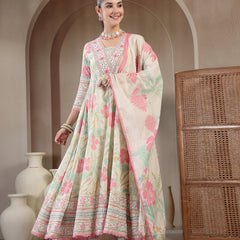 Kimayra Cotton Calf Length Printed 3/4 Sleeve V Neck Flared Kurta Suit Set
