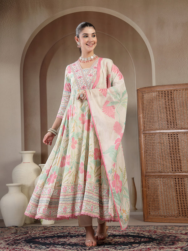 Kimayra Cotton Calf Length Printed 3/4 Sleeve V Neck Flared Kurta Suit Set