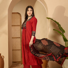 Kimayra Rayon Calf Length Solid 3/4 Sleeve V-Neck Flared Kurta Suit Set