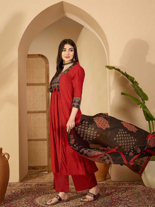 Kimayra Rayon Calf Length Solid 3/4 Sleeve V-Neck Flared Kurta Suit Set