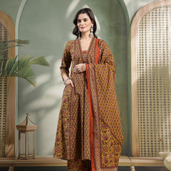 Kimayra Cotton Calf Length Printed 3/4 Sleeve V-Neck Flared Kurta Suit Set