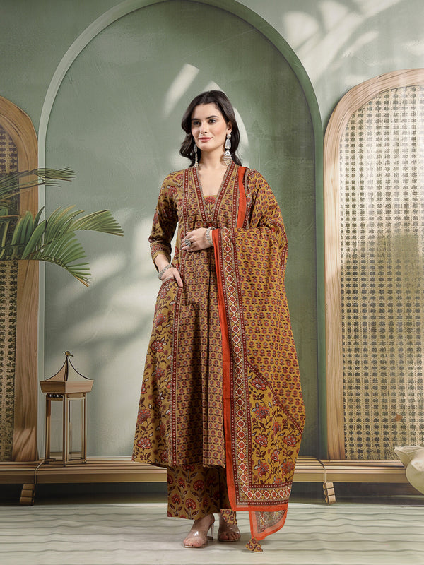 Kimayra Cotton Calf Length Printed 3/4 Sleeve V-Neck Flared Kurta Suit Set