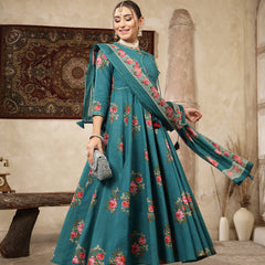 Kimayra Cotton Calf Length Printed 3/4 Sleeve Round Neck Flared Kurta Suit Set
