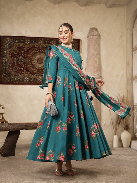 Kimayra Cotton Calf Length Printed 3/4 Sleeve Round Neck Flared Kurta Suit Set