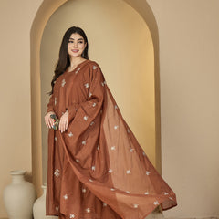 Kimayra Chanderi Calf Length Solid 3/4 Sleeves V-Neck Flared Kurta Suit Set
