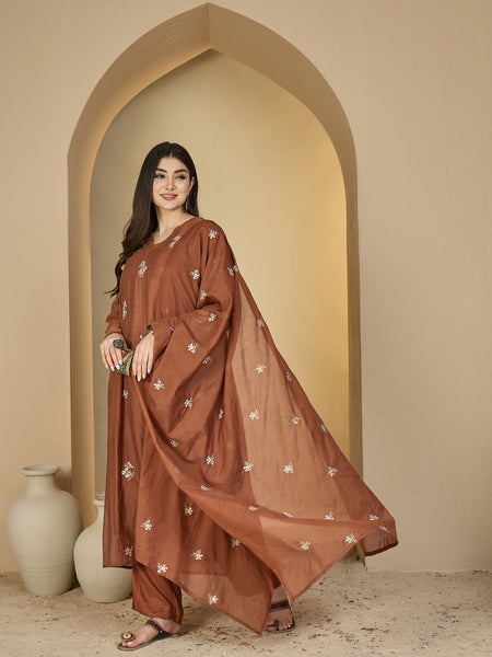 Kimayra Chanderi Calf Length Solid 3/4 Sleeves V-Neck Flared Kurta Suit Set