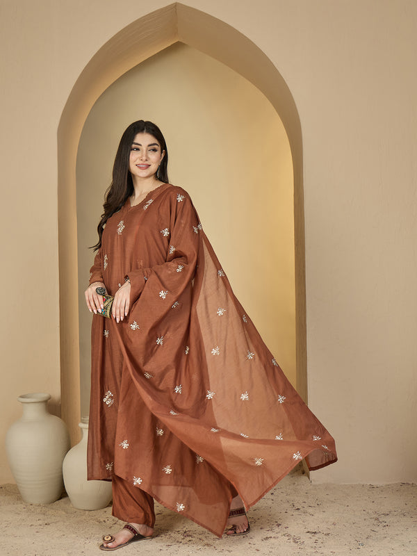 Kimayra Chanderi Calf Length Solid 3/4 Sleeves V-Neck Flared Kurta Suit Set