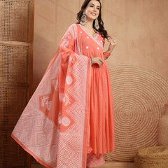 Kimayra Cotton Calf Length Printed 3/4 Sleeve V-Neck Flared Kurta Suit Set