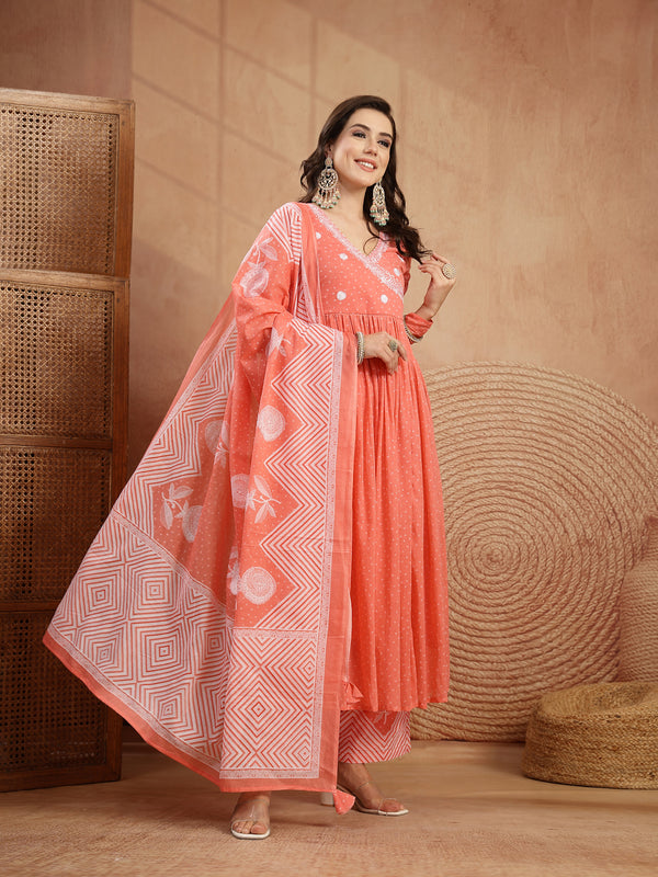 Kimayra Cotton Calf Length Printed 3/4 Sleeve V-Neck Flared Kurta Suit Set