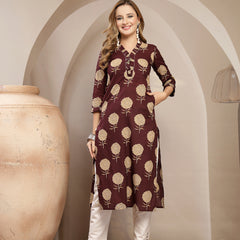 Kimayra Cotton Calf Length Printed 3/4 Sleeve V-Neck Straight Kurta