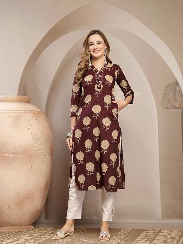 Kimayra Cotton Calf Length Printed 3/4 Sleeve V-Neck Straight Kurta