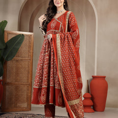 Kimayra Cotton Calf Length Printed 3/4 Sleeve V Neck Flared Kurta Suit Set
