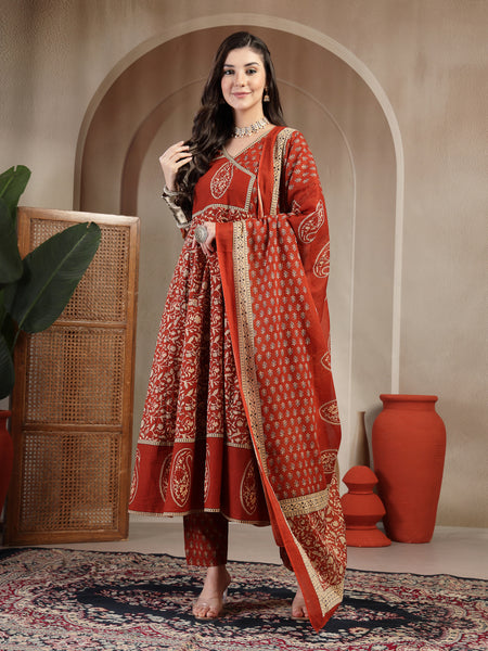 Kimayra Cotton Calf Length Printed 3/4 Sleeve V Neck Flared Kurta Suit Set