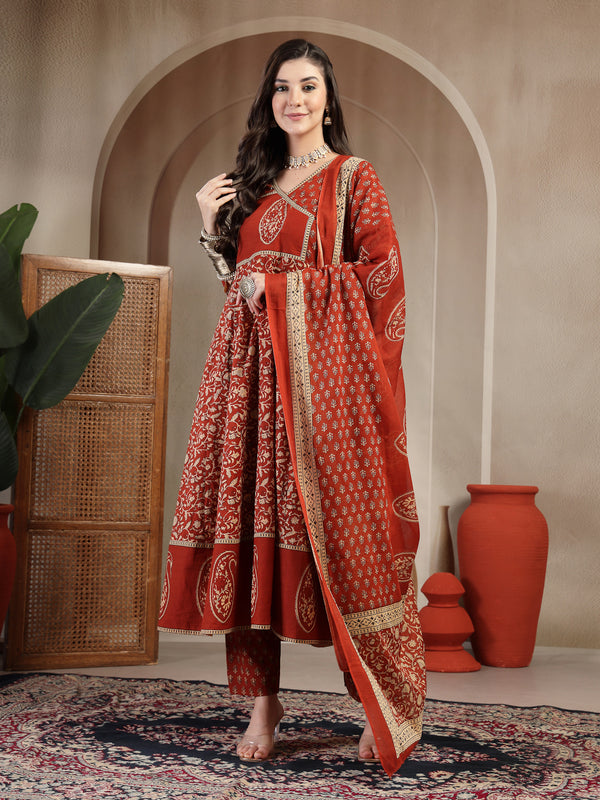 Kimayra Cotton Calf Length Printed 3/4 Sleeve V Neck Flared Kurta Suit Set