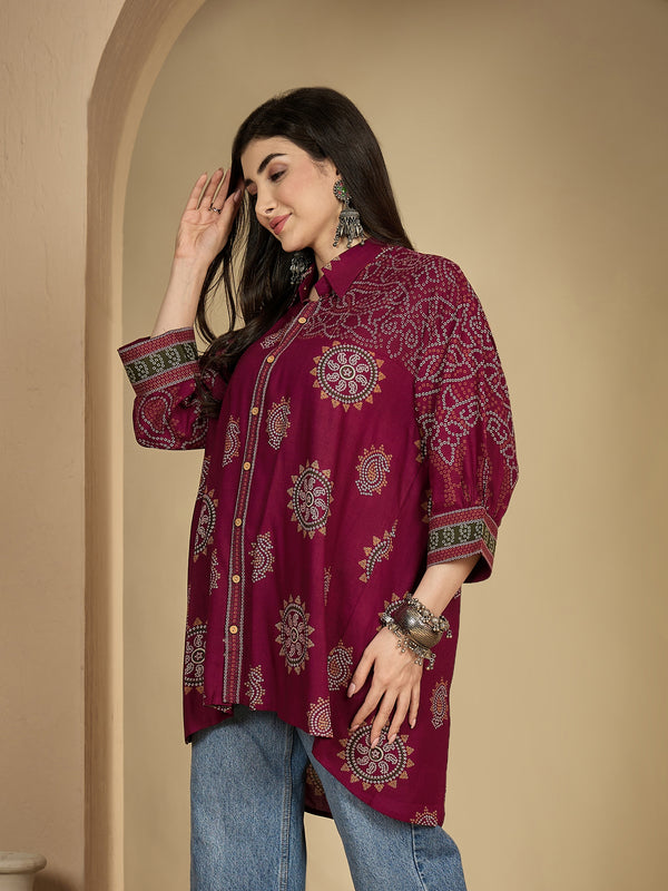 Kimayra Rayon Hip Length Printed 3/4 Sleeve Shirt Collar Flared Top