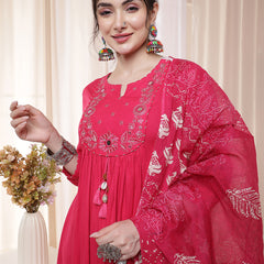 Kimayra Rayon Calf Length Solid 3/4 Sleeves Round Neck Flared Kurta Suit Set