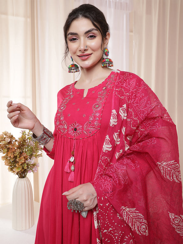 Kimayra Rayon Calf Length Solid 3/4 Sleeves Round Neck Flared Kurta Suit Set