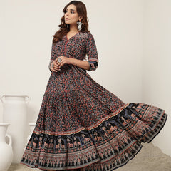 Kimayra Cotton Calf Length Printed 3/4 Sleeves V-Neck Anarkali Kurta