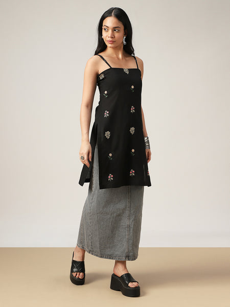 Kimayra Cotton Mid Length Printed Sleeveless Square Neck Straight Kurta