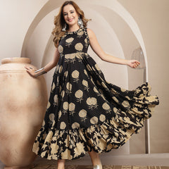 Kimayra Cotton Calf Length Printed Sleeveless Round Neck Flared Dress