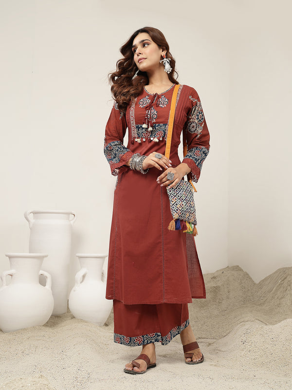 Kimayra Cotton Calf Length Solid 3/4 Sleeve Round Neck Straight Kurta Suit Set