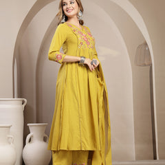 Kimayra Cotton Calf Length Solid 3/4 Sleeve V-Neck Flared Kurta Suit Set
