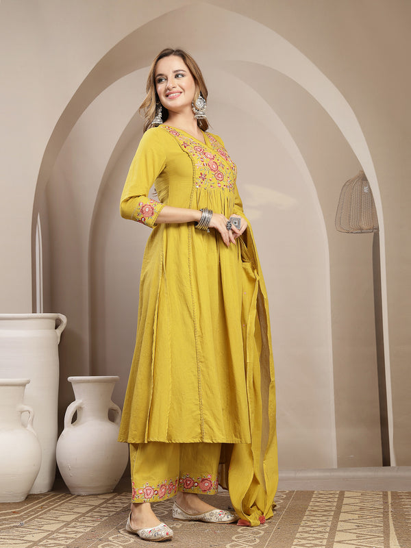 Kimayra Cotton Calf Length Solid 3/4 Sleeve V-Neck Flared Kurta Suit Set