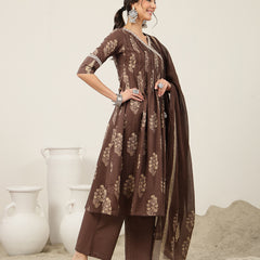 Kimayra Cotton Calf Length Printed 3/4 Sleeve V-Neck Flared Kurta Suit Set