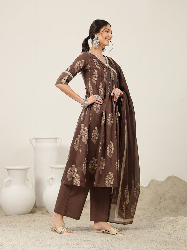 Kimayra Cotton Calf Length Printed 3/4 Sleeve V-Neck Flared Kurta Suit Set