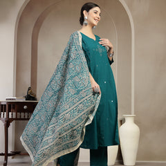 Kimayra Cotton Calf Length Solid 3/4 Sleeve V Neck A Line Kurta