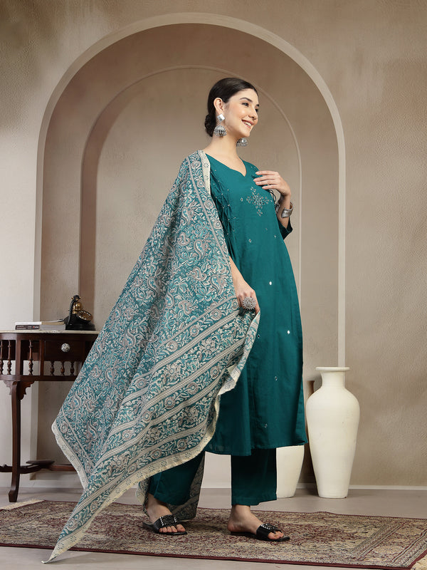 Kimayra Cotton Calf Length Solid 3/4 Sleeve V Neck A Line Kurta