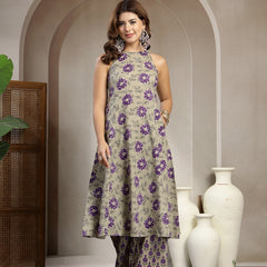 Kimayra Cotton Calf Length Printed Sleeveless Round Neck Flared Kurta Suit Set