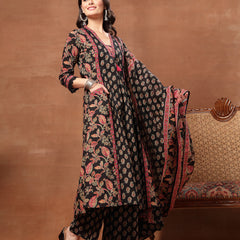 Kimayra Cotton Calf Length Printed 3/4 Sleeve V-Neck Flared Kurta Suit Set