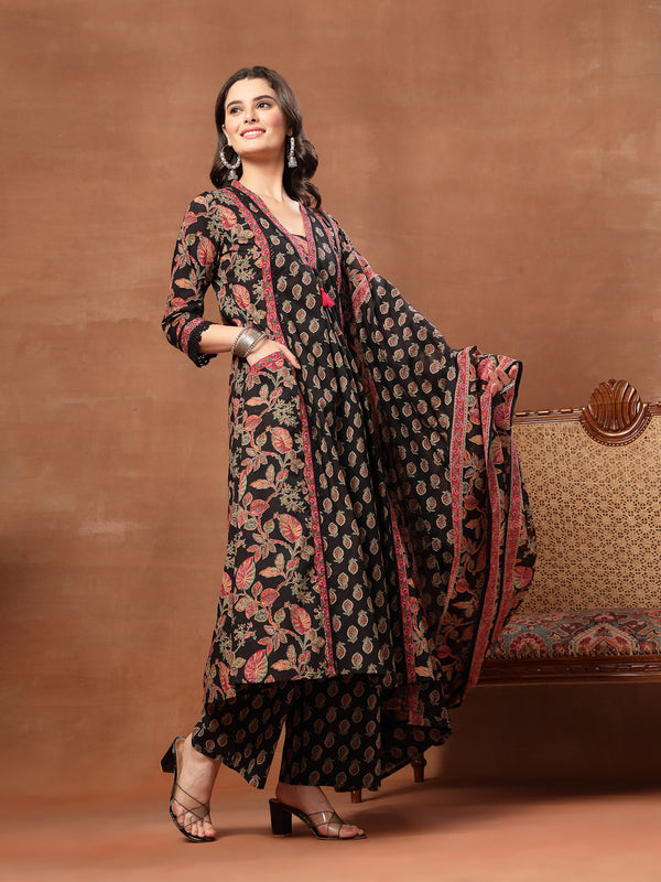 Kimayra Cotton Calf Length Printed 3/4 Sleeve V-Neck Flared Kurta Suit Set