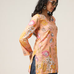Kimayra Cotton Hip Length Printed Full Sleeve V-Neck Straight Top