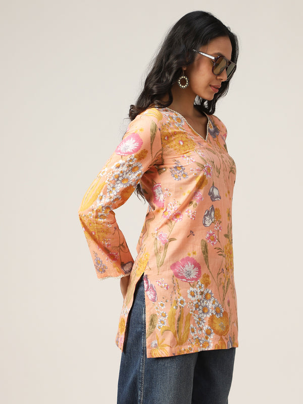 Kimayra Cotton Hip Length Printed Full Sleeve V-Neck Straight Top