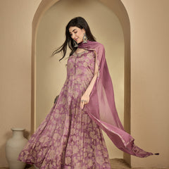 Kimayra Rayon Ankle Length Printed Sleeveless V-Neck Anarkali Kurta Suit Set