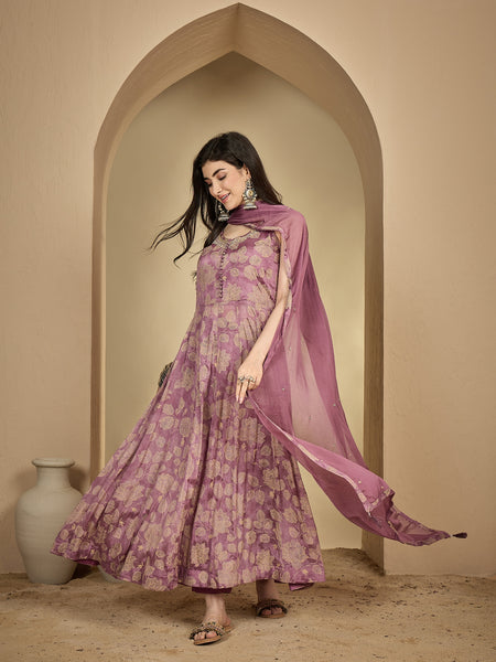 Kimayra Rayon Ankle Length Printed Sleeveless V-Neck Anarkali Kurta Suit Set