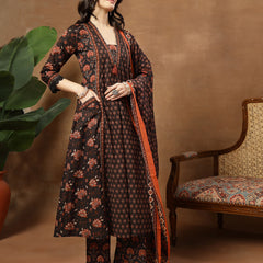 Kimayra Cotton Calf Length Printed 3/4 Sleeve V-Neck Flared Kurta Suit Set