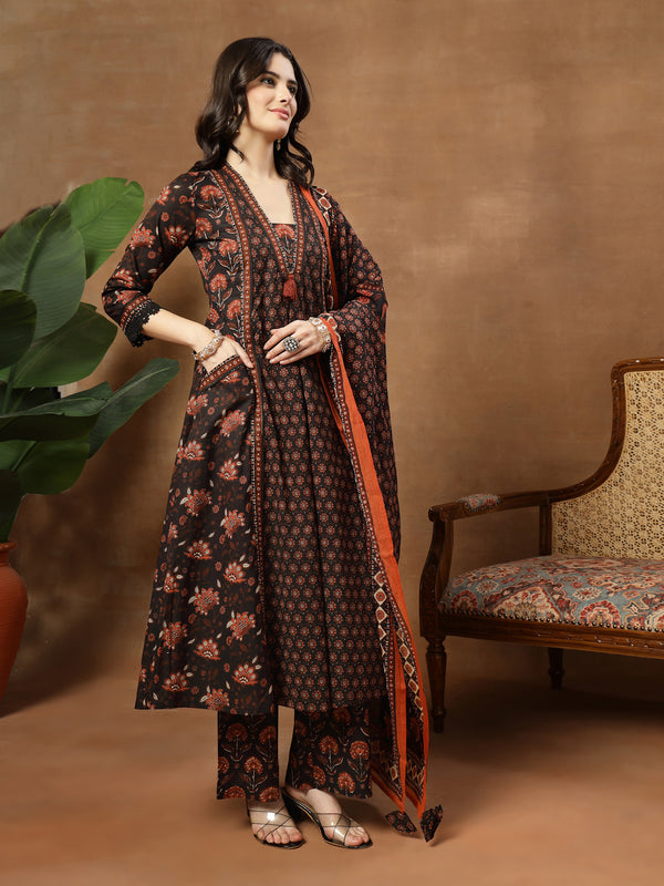 Kimayra Cotton Calf Length Printed 3/4 Sleeve V-Neck Flared Kurta Suit Set