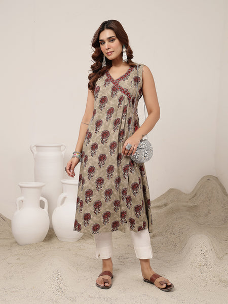 Kimayra Rayon Calf Length Printed Sleeveless V-Neck Flared Kurta