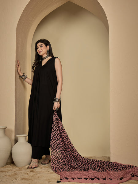Kimayra Rayon Calf Length Solid Sleeveless V-Neck Flared Kurta Suit Set