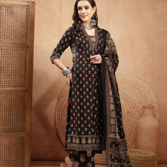 Kimayra Cotton Calf Length Printed 3/4 Sleeve V-Neck A-Line Kurta Suit Set
