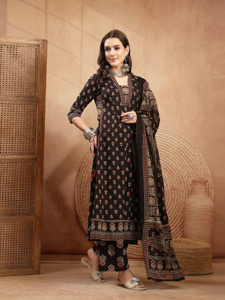 Kimayra Cotton Calf Length Printed 3/4 Sleeve V-Neck A-Line Kurta Suit Set