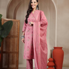 Kimayra Cotton Calf Length Printed 3/4 Sleeve Mandarin Collar Straight Kurta Suit Set