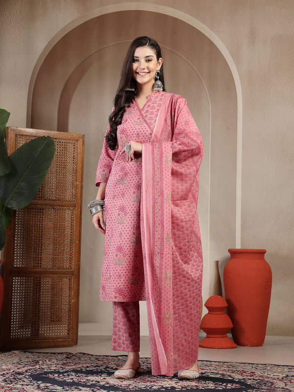Kimayra Cotton Calf Length Printed 3/4 Sleeve Mandarin Collar Straight Kurta Suit Set