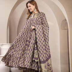 Kimayra Malmal Calf Length Printed Full Sleeve Round Neck Anarkali Kurta Suit Set