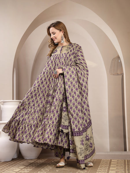 Kimayra Malmal Calf Length Printed Full Sleeve Round Neck Anarkali Kurta Suit Set