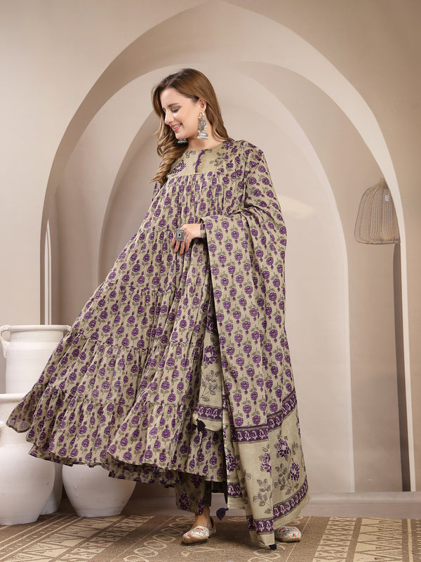 Kimayra Malmal Calf Length Printed Full Sleeve Round Neck Anarkali Kurta Suit Set